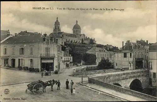 Ak Segré Maine et Loire, Vues de l'Eglise, du Quai et du Pont de la Rue de Bretagne