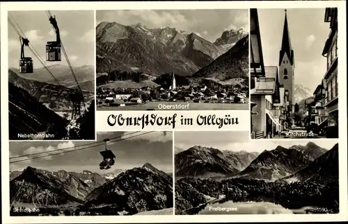 Ak Oberstdorf im Oberallgäu, Nebelhornbahn, Sesselbahn, Freibergsee, Kirchstraße