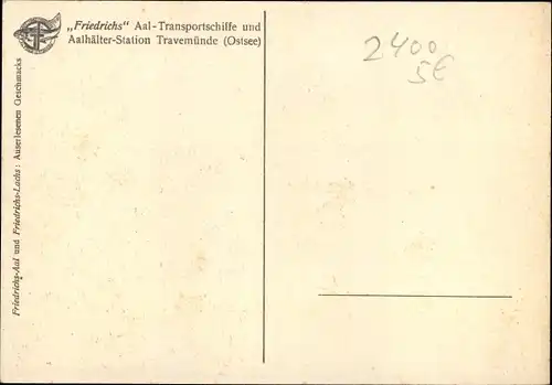 Künstler Ak Brade, E., Ostseebad Travemünde Lübeck, Friedrichs Aal Transportschiffe AalhälterStation