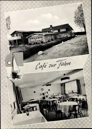 Ak Bonsberg Niesgrau Schleswig Holstein, Café zur Fähre, Außenansicht, Inneres, Segelboot