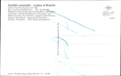 Ak Lorch im Rheingau Taunus Kreis Hessen, Lauxburg, Gasthof Laukenmühle im Wispertal