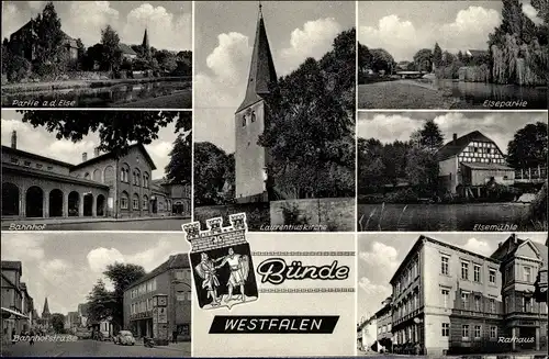 Ak Bünde im Kreis Herford, Ansichten, Laurentiuskirche, Elsepartie, Elsemühle, Rathaus, Bahnhof