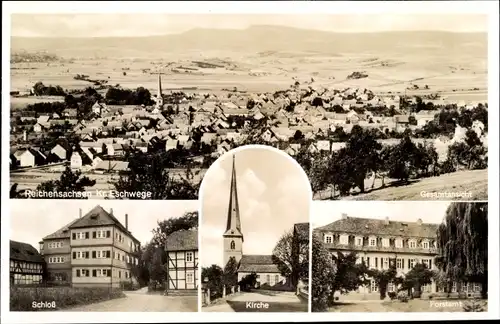 Ak Reichensachsen Wehretal in Hessen, Panorama, Forstamt, Kirche, Schloss