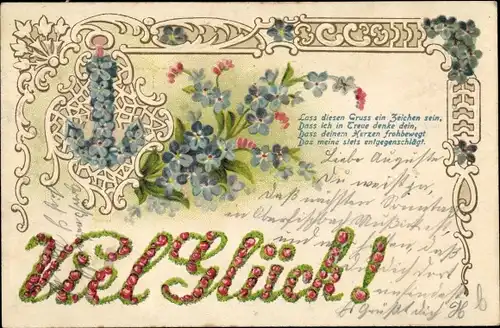 Präge Ak Glückwunsch, Anker, Vergissmeinnicht, Blumenstrauß