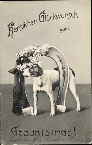 Ak Glückwunsch Geburtstag, Hund, Blumen, Hufeisen