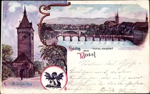 Künstler Ak Bâle Basel Stadt Schweiz, St. Johannistor, Totalansicht, Drache