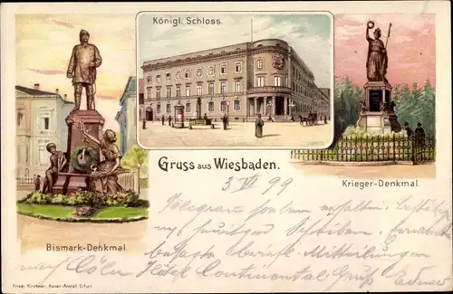 Litho Wiesbaden in Hessen, Bismarckdenkmal, Kriegerdenkmal, Schloss