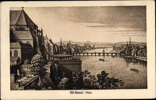 Ak Bâle Basel Stadt Schweiz, Stadtansicht mit Münster und Rheinbrücke im 18. Jh.
