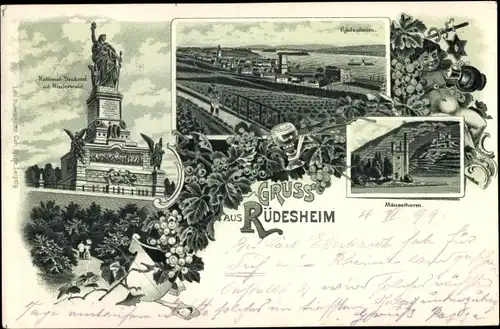 Litho Rüdesheim am Rhein, Panorama vom Ort, Niederwalddenkmal, Mäuseturm, Trauben