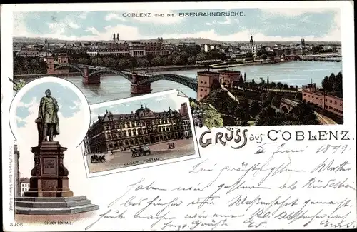 Litho Koblenz am Rhein, Eisenbahnbrücke, Goeben Denkmal, Postamt, Blick auf den Ort