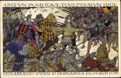 Künstler Ak Morgarten Oberägeri Kanton Zug, Bataille de Morgarten, Uri, Anniversaire 1915, Urnertag