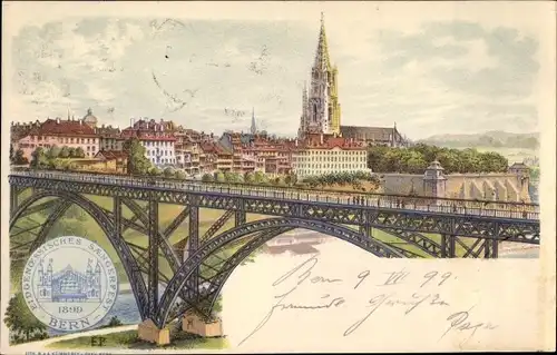 Litho Bern Stadt Schweiz, Eidgenössisches Sängerbundesfest 1899, Brücke, Blick auf den Ort