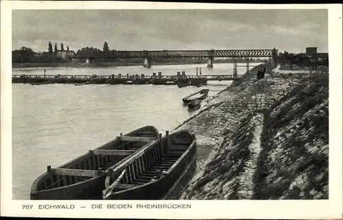 Ak Chalampé Eichwald Elsass Haut Rhin, Rheinbrücken, Boote am Ufer