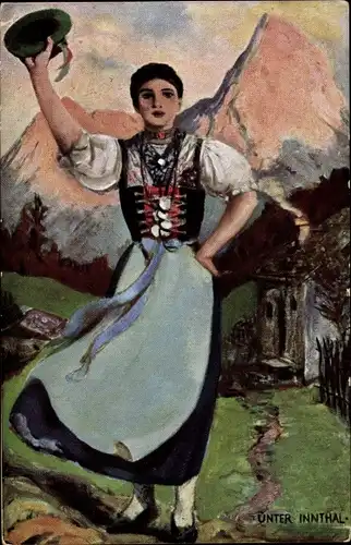 Ak Unterinntal in Tirol, Frau in Tiroler Tracht