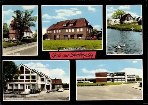 Ak Sterley in Lauenburg, Kirche, Schule, Kreissparkasse, Kaufhaus Ollmann, Teich