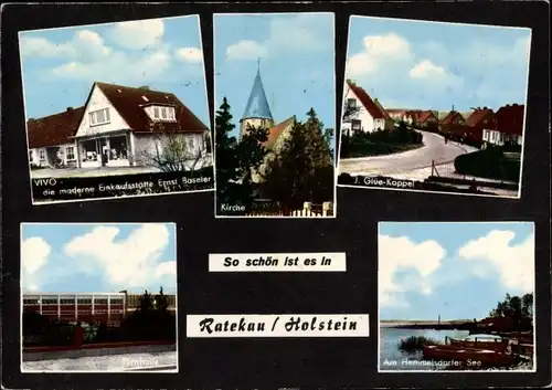 Ak Ratekau in Holstein, Kirche, VIVO Einkaufsstätte Ernst Baseler, Turnhalle, Hemmelsdorfer See