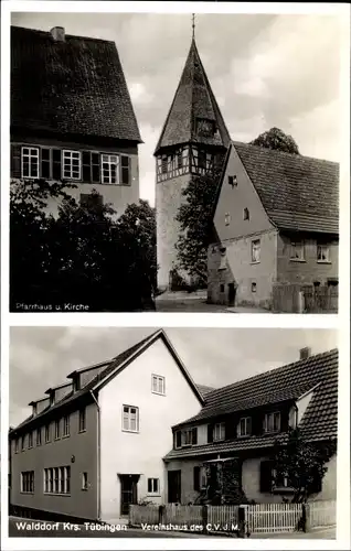 Ak Walddorf Kreis Tübingen, Pfarrhaus, Kirche, Vereinshaus C. V. J. M.