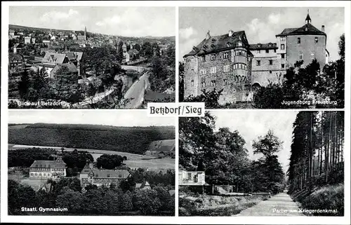 Ak Betzdorf Sieg, Stadtansicht, Jugendburg Freusburg, Kriegerdenkmal, Gymnasium