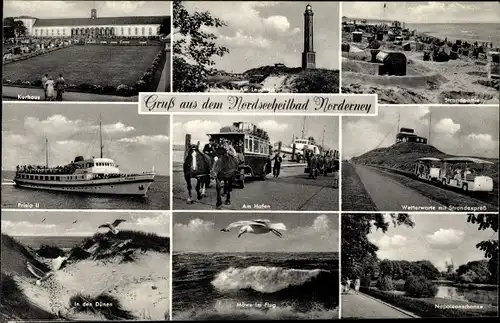 Ak Norderney in Ostfriesland, Kutsche, Frisia II, Kurhaus, Strand, Wetterwarte