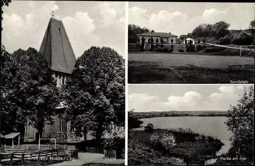 Ak Nusse im Herzogtum Lauenburg, See, Sportplatz, Kirche