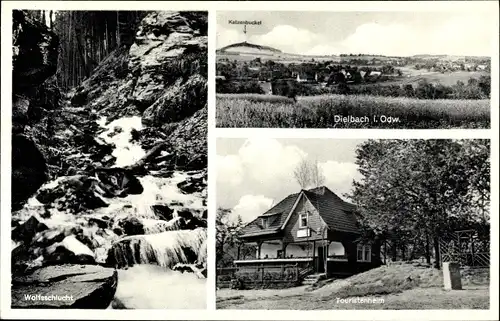 Ak Oberdielbach Waldbrunn im Odenwald, Teilansicht, Wolfsschlucht, Touristenheim