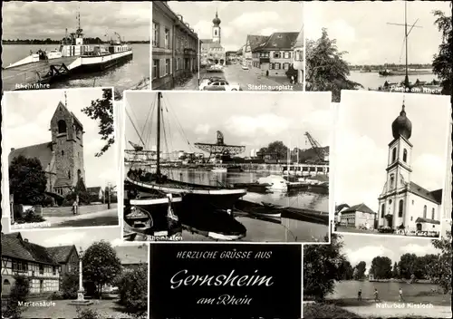 Ak Gernsheim in Hessen, Rheinhafen, Kirche, Mariensäule, Naturbad Kiesloch, Stadthausplatz
