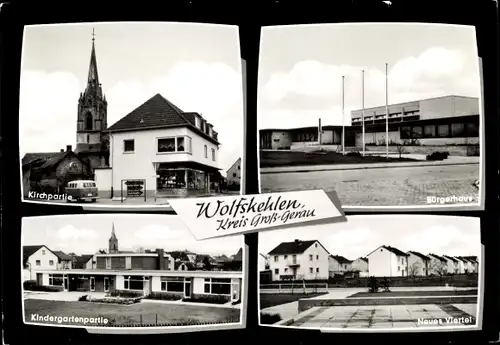 Ak Wolfskehlen Riedstadt in Hessen, Bürgerhaus, Kirche, Neues Viertel, Kindergarten