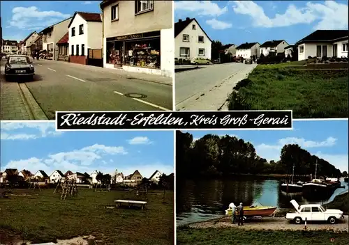 Ak Erfelden Riedstadt in Hessen, Spielplatz, See, Modehaus Klein, Wohnsiedlung