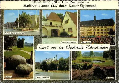 Ak Rüsselsheim am Main Hessen, Opel Kraftwerk, Park, Adam Opel Denkmal, Markt