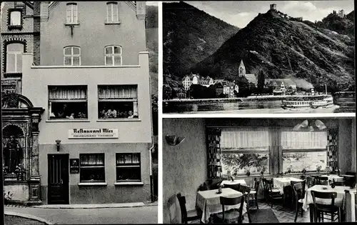 Ak Kamp Bornhofen am Rhein, Restaurant Mies, Innenansicht, Blick auf den Ort