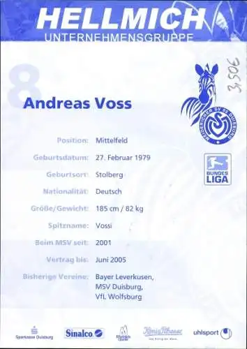 Ak MSV Duisburg 03 04, Fußballer Andreas Voss, Portrait, Autogramm, Reklame, Hellmich