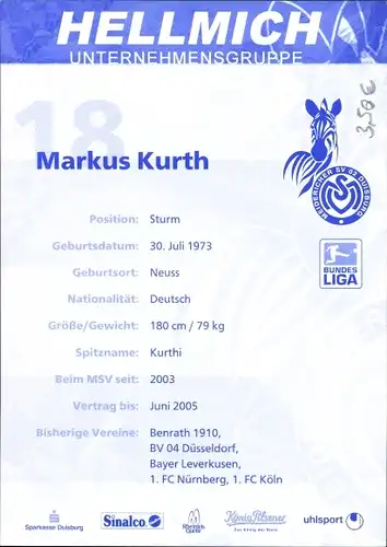 Ak MSV Duisburg 03 04, Fußballer Markus Kurth,, Portrait, Autogramm, Reklame, Hellmich