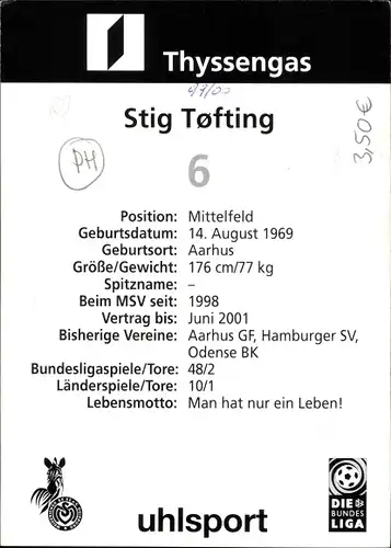 Ak Fußballer Stig Tofting, Portrait, Autogramm, Reklame, Thyssengas, Bundesliga