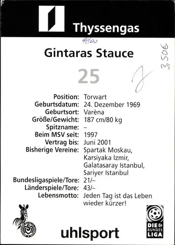 Ak Fußballer Gintaras Stauce, Portrait, Autogramm, Reklame, Thyssengas, Bundesliga