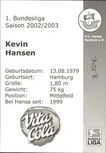 Ak Fußballer Kevin Hansen, Portrait, Autogramm, Bundesliga, Reklame, Vita Cola