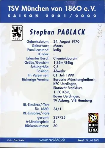 Ak Fußballer Stephan Paßlack, Portrait, Autogramm, TSV München 1860 eV, Reklame