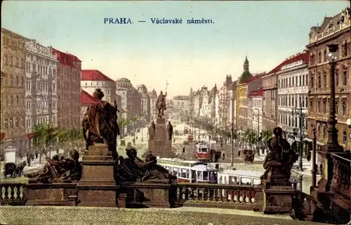 Ak Praha Prag Tschechien, Vaclavske namesti, Wenzelsplatz, Straßenbahnen