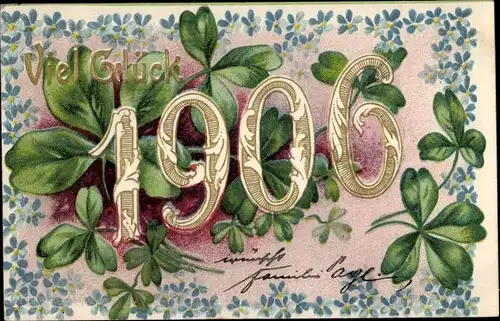 Litho Glückwunsch Neujahr, Jahreszahl 1906, Kleeblätter, Vergissmeinnichtblüten