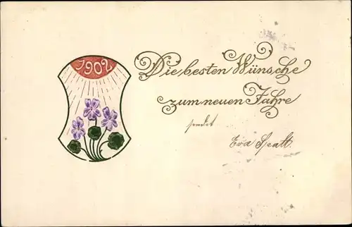 Präge Litho Glückwunsch Neujahr, Jahreszahl 1902, lila Blüten