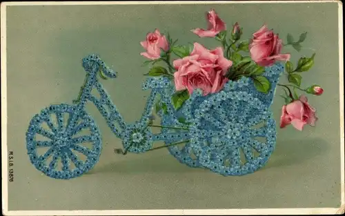 Litho Fahrrad mit Rosen, Vergissmeinnichtblüten, Dreirad