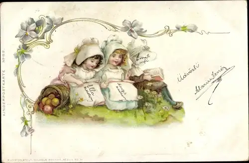 Litho Drei Mädchen lesen auf einer Wiese, Veilchen
