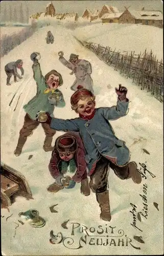 Präge Litho Glückwunsch Neujahr, Kinder machen eine Schneeballschlacht