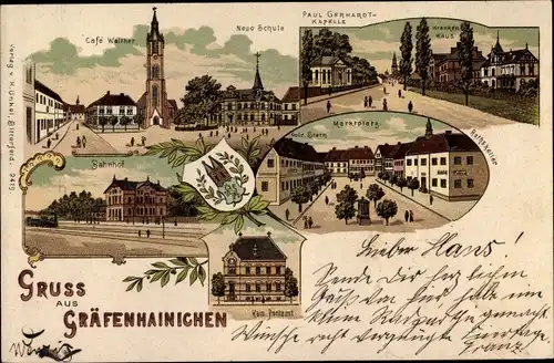 Wappen Litho Gräfenhainichen im Kreis Wittenberg, Paul Gerhardt Kapelle, Schule, Bahnhof, Postamt