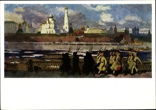 Künstler Ak Popow, I. A., Moskau 1918, Soldaten auf dem Marsch