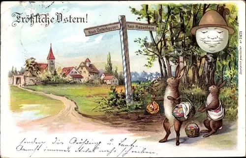 Litho Glückwunsch Ostern, Osterhasen mit Eiern, Osterhausen, Hasenheim