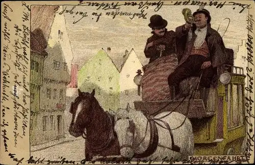 Künstler Ak Hey, P., Morgenfahrt, Postkutsche, Posthorn