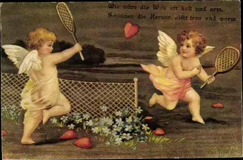 Ak Engel spielen mit Herzen Tennis