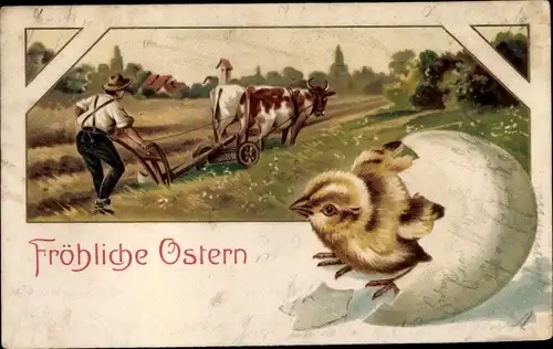 Präge Ak Glückwunsch Ostern, Küken schlüpft aus Eierschale, Bauer mit Rinderpflug