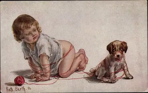 Künstler Ak Barth, Kath., Verwickelte Geschichte, Kind und Hund in Faden eingewickelt