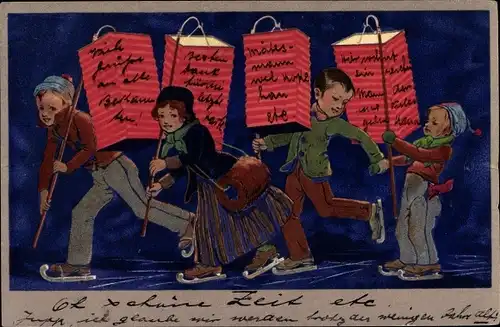 Ak Kinder mit Laternen beim Schlittschuhlaufen